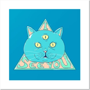 Three-eyed cat with the words "I see you" written on it. Posters and Art